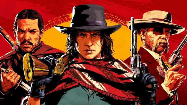 Promotional art shows the characters of Red Dead Redemption 2 with guns. 